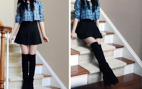 SheInside-Fashion-Review-Black-Pleated-Tennis-Skirt-American-Apparel-Dupe-Knee-Boots-Crop-Top