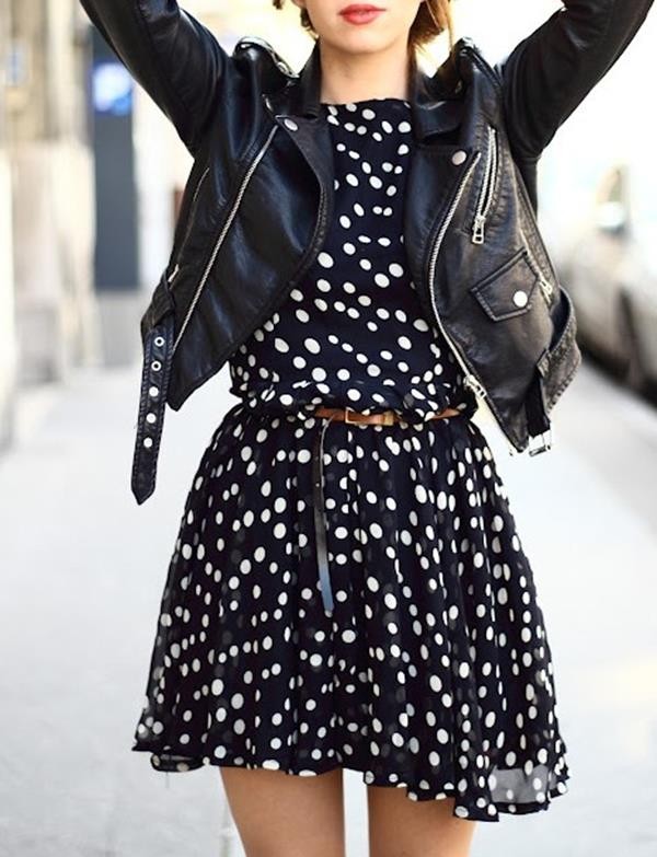 polka-dots-dress-leather-jacket-street-style