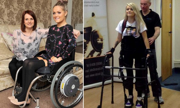 Jordan Bone who was paralysed in a car crash pictured with her mum Jane. See MASONS story MNWALK: A young woman left paralysed after a car accident eight years ago has been able to stand and hug her boyfriend for the first time - thanks to bionic legs. Pretty Jordan Bone, 23, suffered a broken neck and was left paralysed from the waist down at the age of just 15 and thought she would never walk again following the crash in 2005. But Jordan stood up and walked for the first time in eight years thanks to incredible new sci-fi technology. The amazing suit also allowed Jordan to stand up and embrace her mother and boyfriend - something she has been unable to do since she was a passenger in a car when it crashed in North Wootton, Norfolk.