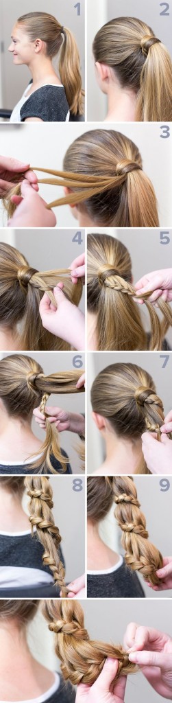 Staircase ponytail braid, tucked end, for long hair, sporty, funky