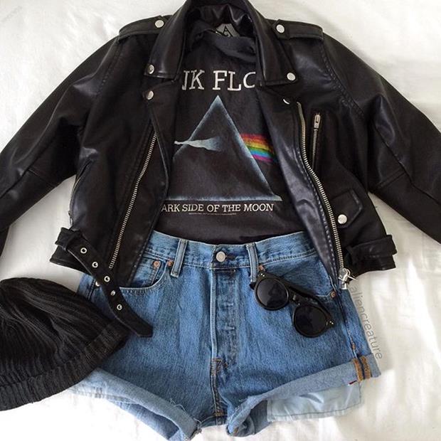 Grunge-Pink-Floyed-Inspired-Outfit-with-Faux-Leather-Jacket-Beanie-Denim-Shorts-and-Sunglasses