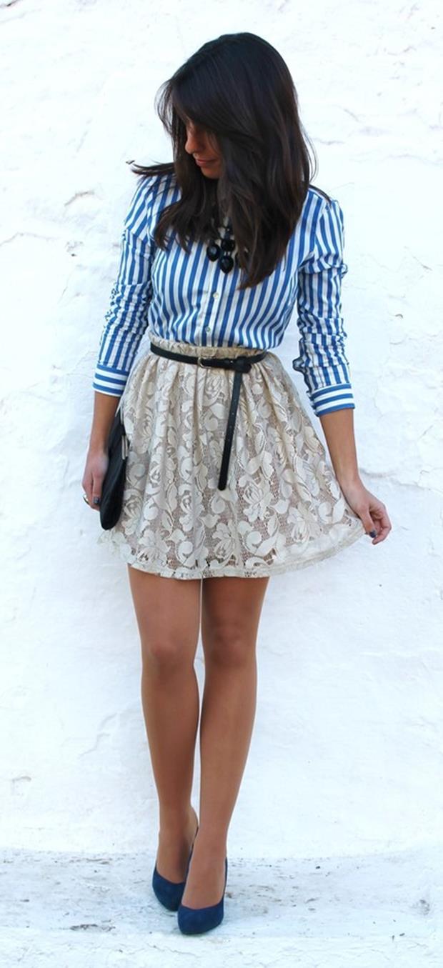 Lace-Short-Skirt-with-Stripe-Blouse