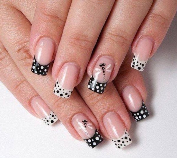 French-nails-with-black-and-white-polka-dots-and-dragonfly